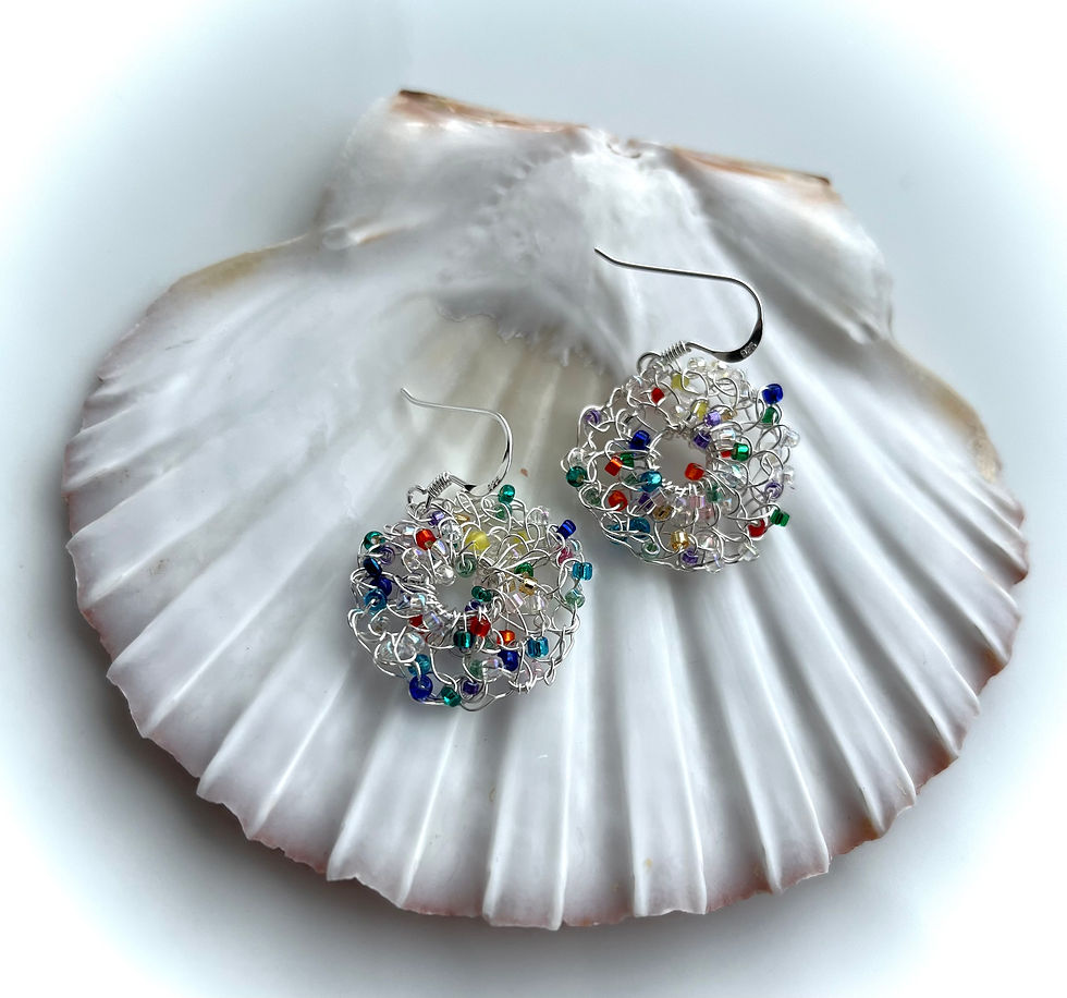 Thumbnail: crocheted silver wire with glass beads Silver Myriad Earrings