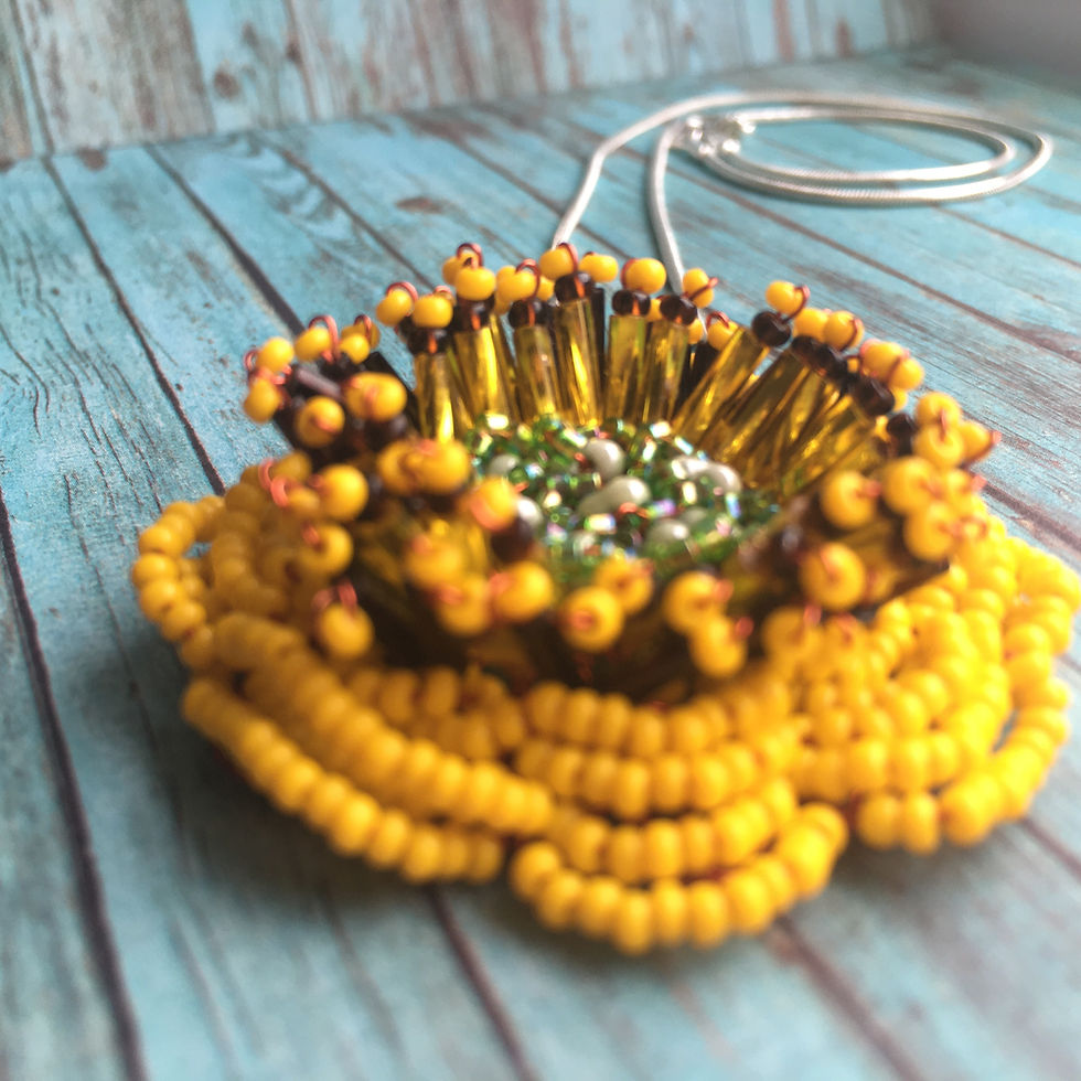 Thumbnail: Crocheted wire and glass bead Sunflower Pendant