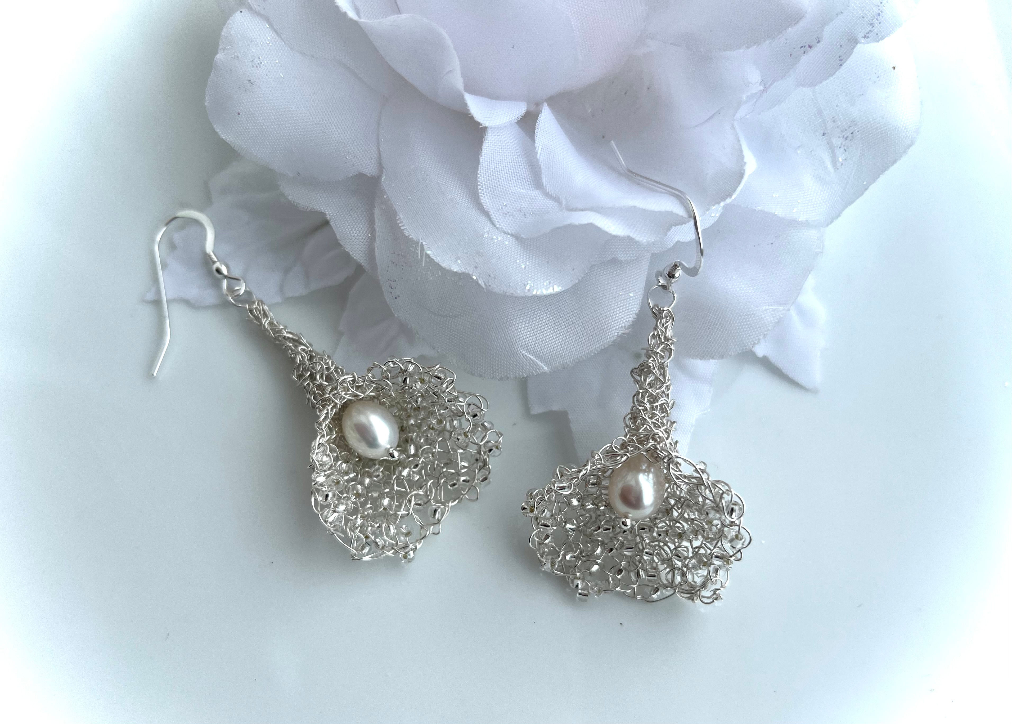 knitted wire and glass bead Calla drop earrings