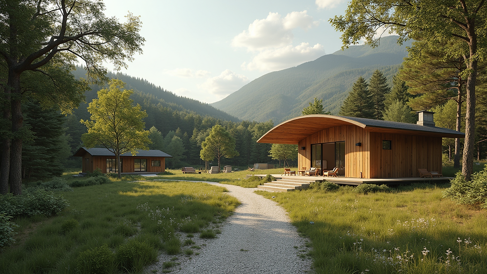 Wide angle view of a peaceful outdoor retreat center surrounded by nature