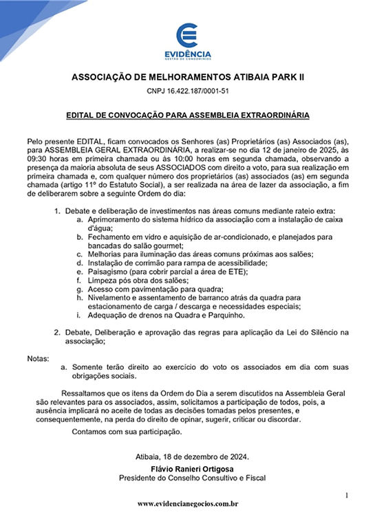 Edital de convocação Associação de Melhoramentos Atibaia Park II.