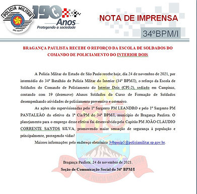 BRAGANÇA PAULISTA RECEBE O REFORÇO DA ESCOLA DE SOLDADOS DO COMANDO DE POLICIAMENTO DO INTERIOR DOIS