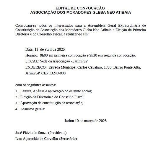 Edital de Convocação, Associação dos Moradores Gleba Neo Atibaia