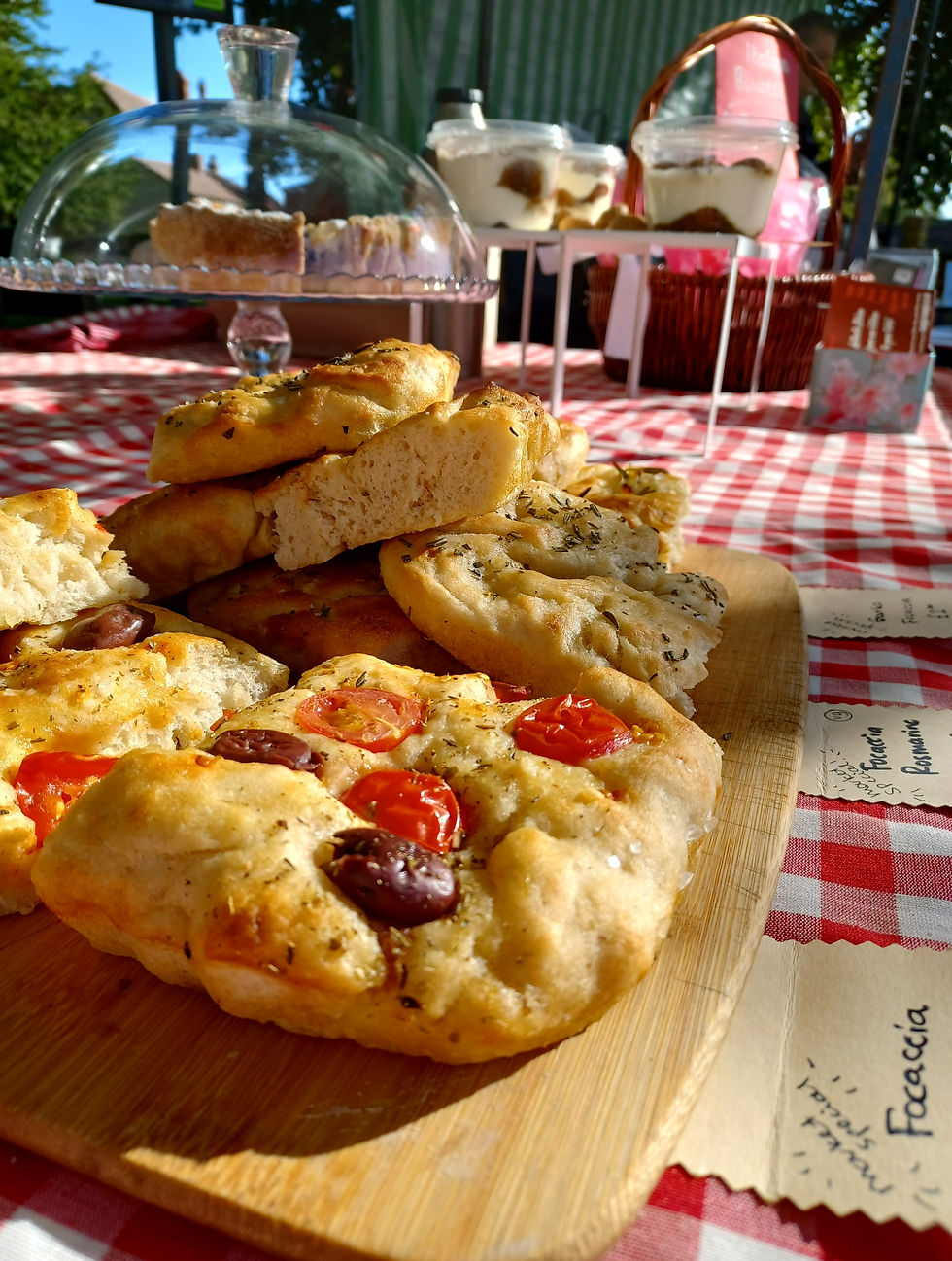 Slices of focaccia at a farmers' market