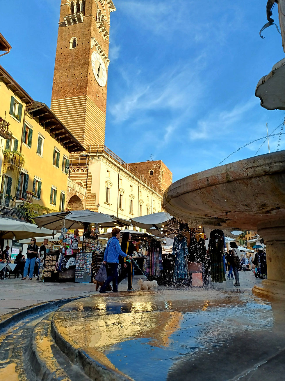 Piazza delle Erbe's marble fountain with the daily market in the background and the Lamberti Tower.