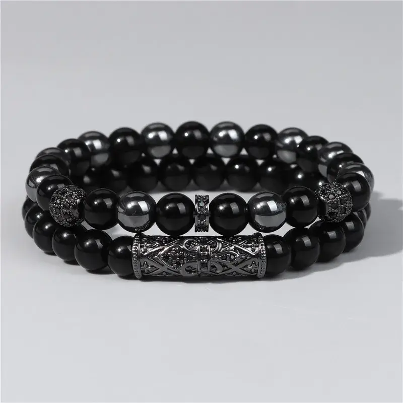 2pcs Bead Bracelet Men Natural Tiger Eye Hematite Obsidian