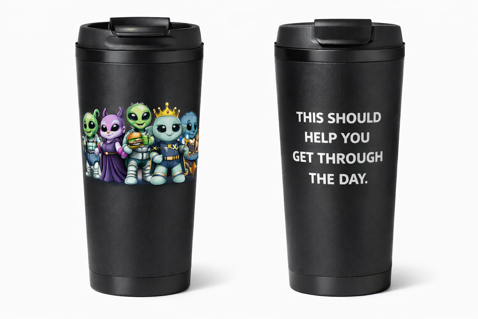 Black travel mug with cartoon aliens and empowering text