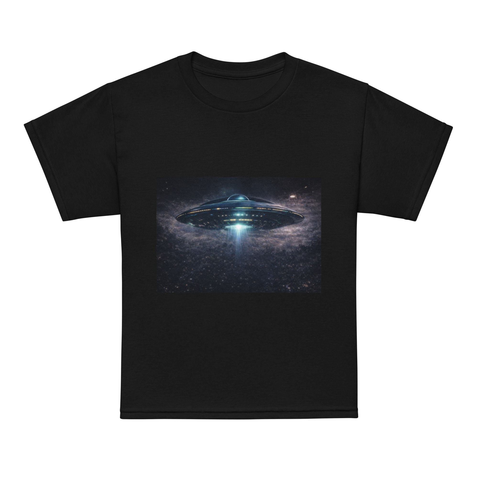 Black t-shirt with UFO in space graphic