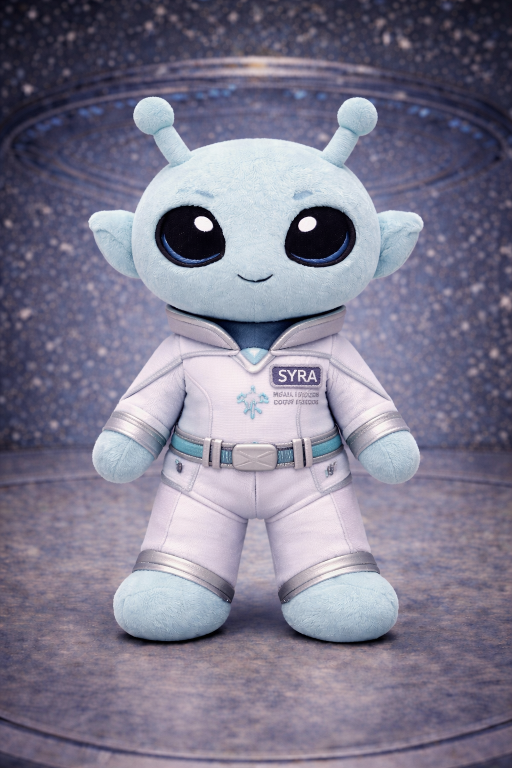Light blue alien plush toy wearing a white spacesuit