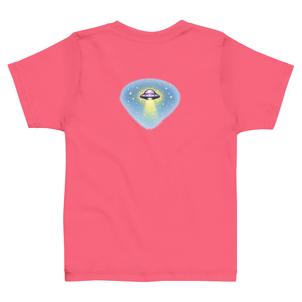 Thumbnail: Pink t-shirt with blue UFO and stars graphic on back