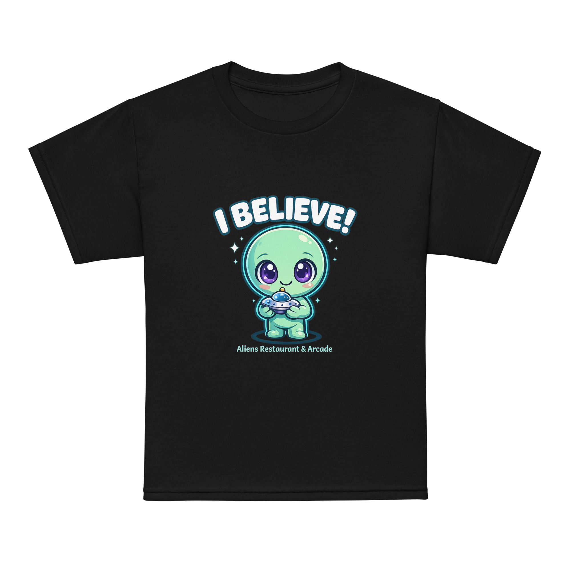 Black t-shirt with a cute green alien and "I BELIEVE!" text