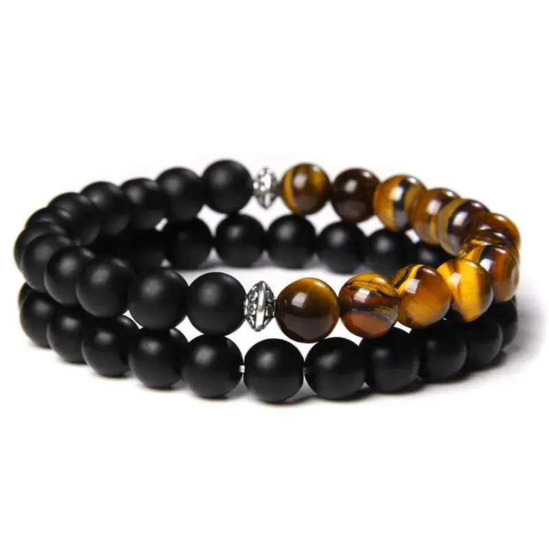 Thumbnail: 2pcs Bead Bracelet Men Natural Tiger Eye Hematite Obsidian