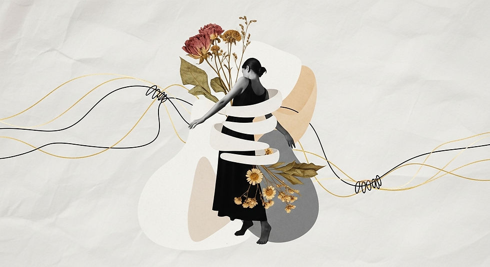 Colagem surrealista com mulher, formas orgânicas, linhas douradas e flores secas, representando o medo como proteção ou impedimento de viver.