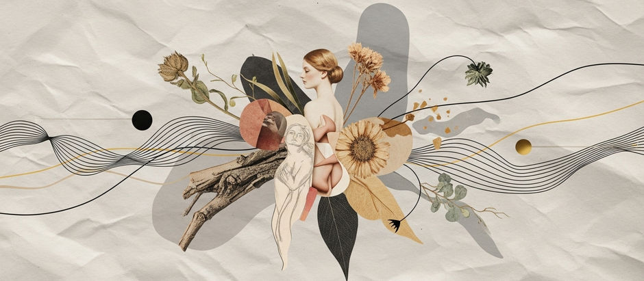 Colagem surrealista analógica com fundo de papel levemente amassado, formas orgânicas abstratas e recortes vintage. Figura feminina integrada ao centro, com linhas finas douradas e pretas conectando elementos, flores e folhas secas, evocando memória corporal, impulso e reação automática antes do pensamento racional.