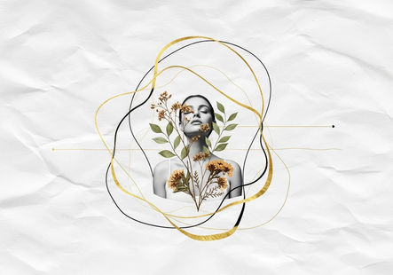 Colagem surrealista sobre autenticidade mulher entre flores secas, linhas douradas e pretas, em fundo de papel levemente amassado
