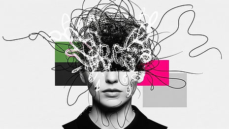 Colagem surrealista digital em estilo editorial minimalista, com fundo de papel texturizado em tons neutros. Mulher recortada em destaque, com parte do rosto substituída por linhas orgânicas caóticas em preto, simbolizando o cansaço emocional. Formas abstratas e blocos de cores rosa fúcsia e verde desaturado contrastam com tons de preto, branco e bege, criando uma atmosfera contemporânea e conceitual que representa a relação entre cansaço emocional e cansaço físico.