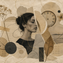 Colagem surrealista, mostra o perfil de uma mulher parcialmente fragmentado por recortes de papel sobre fundo bege texturizado. Ao redor, há folhas e flores secas, formas abstratas e um relógio antigo incompleto. Linhas finas douradas e pretas conectam os elementos, criando uma composição equilibrada em tons neutros.