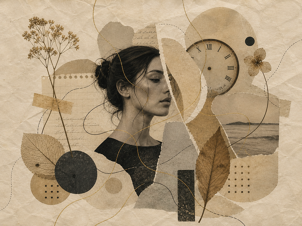 Colagem surrealista, mostra o perfil de uma mulher parcialmente fragmentado por recortes de papel sobre fundo bege texturizado. Ao redor, há folhas e flores secas, formas abstratas e um relógio antigo incompleto. Linhas finas douradas e pretas conectam os elementos, criando uma composição equilibrada em tons neutros.