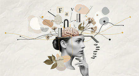 Colagem surrealista vintage com mulher em posição contemplativa, formas orgânicas abstratas em tons neutros, linhas finas douradas e pretas, flores e folhas secas sobre fundo de papel levemente amassado.