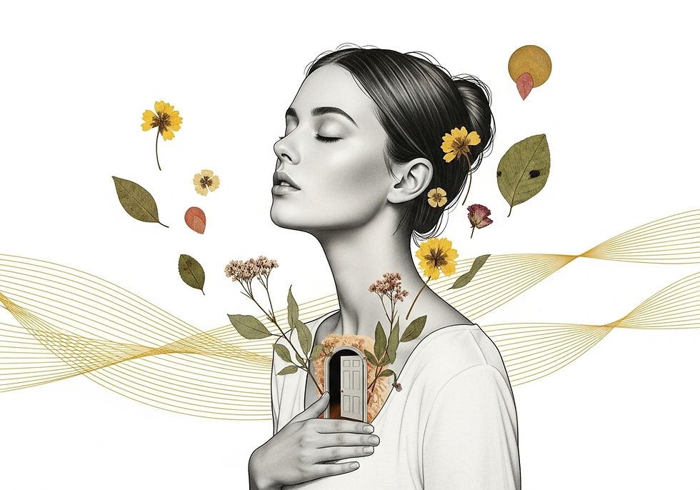 Colagem surrealista sutil de uma figura humana de perfil com flores secas e linhas douradas saindo da cabeça, simbolizando o excesso de cuidado e a perda de si. Fundo com textura de papel levemente amassado.