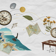 Colagem surrealista sobre tempo, trabalho e bem estar com mulher, formas orgânicas e flores secas