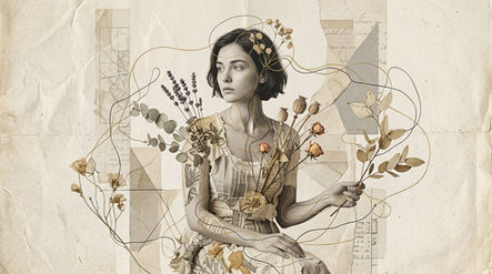 Mulher com olhar reflexivo cercada por flores e folhas em um fundo de colagem vintage. Tons suaves e linhas orgânicas decoram a cena.