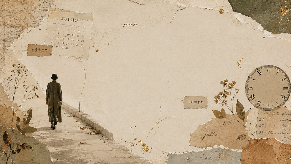 Colagem editorial representando as férias de julho com uma figura humana caminhando entre calendários parcialmente rasgados, folhas prensadas e amplo espaço negativo sobre papel envelhecido, simbolizando pausa, reorganização da rotina e descanso.