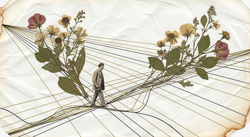 Colagem surrealista delicada de um homem vintage entre linhas douradas e pretas com flores e folhas secas, simbolizando como as expectativas afetam nossos relacionamentos