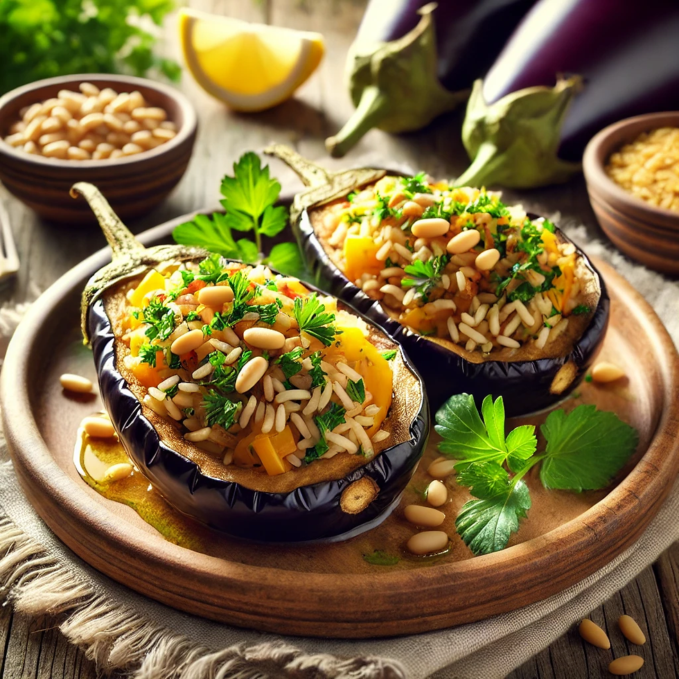 Berinjela recheada com arroz e pinoli