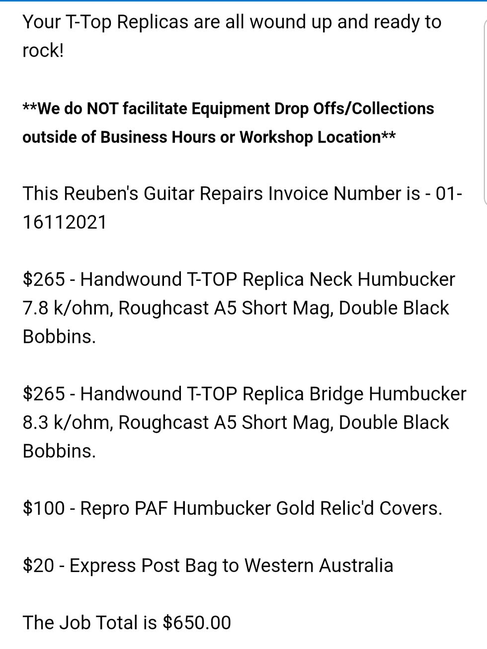 Thumbnail: ☆SOLD☆ Reubens Handwound T-Top Replicas 2021 - Black Bobbins, Gld Relic'd Covers