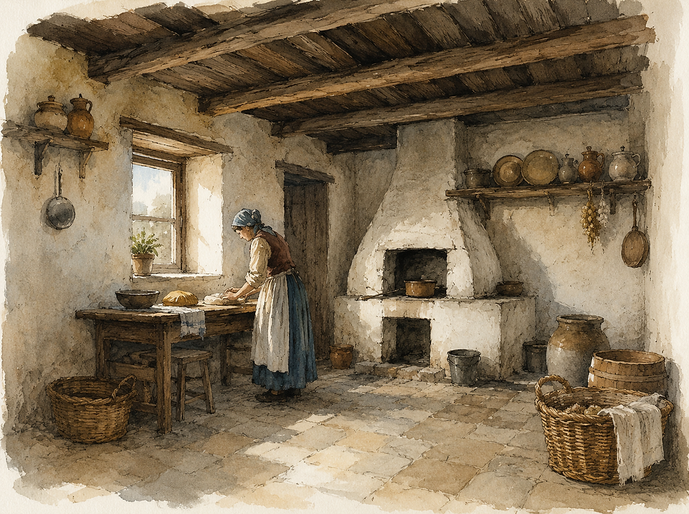 cocina rústica tradicional inspirada en las primeras cocinas europeas, con acabados artesanales, vigas de madera y un ambiente cálido que evoca la historia de la cocina moderna. Este estilo antiguo inspiró y sigue inspirando el diseño de muchas cocinas integrales actuales en Santa Rosa de Cabal, Dosquebradas y Pereira,