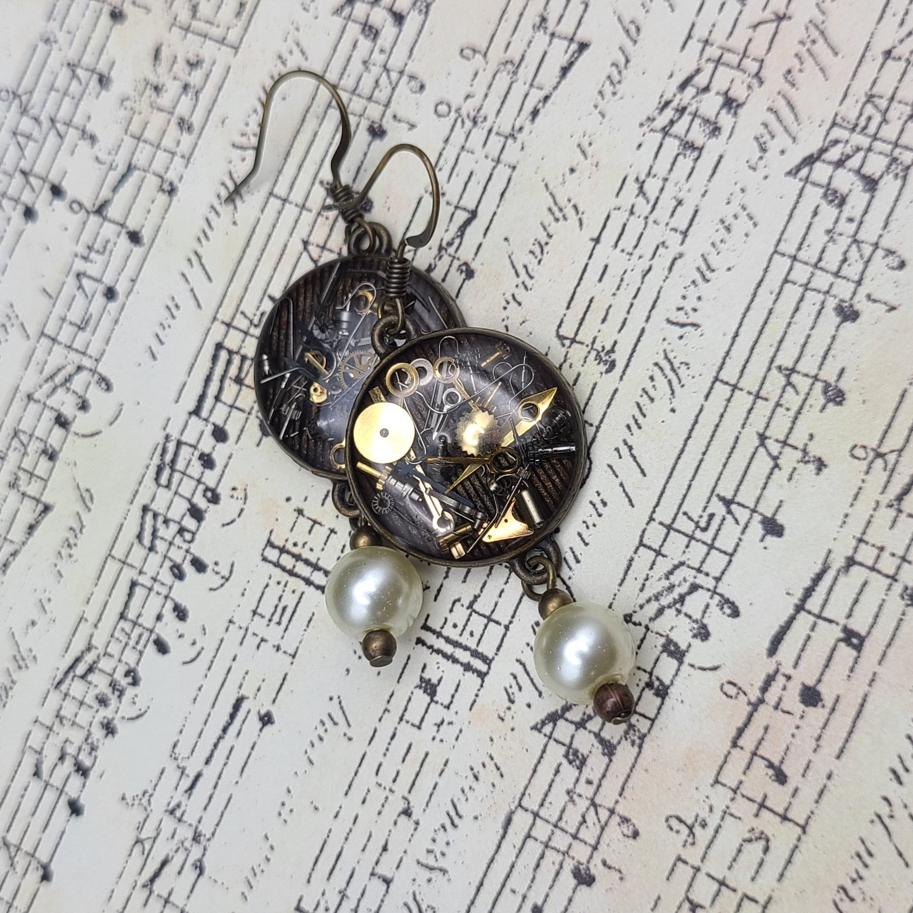 Steampunk & Pearls Dangle Earrings
