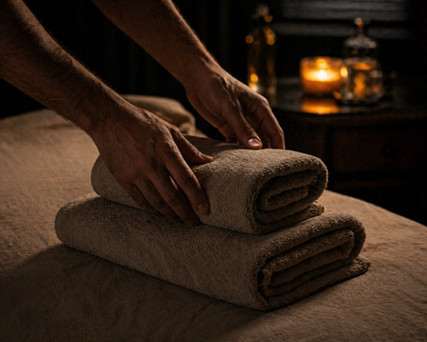 Hands carefully placing folded towels on a massage table in a quiet, candlelit setting with soft, warm tones