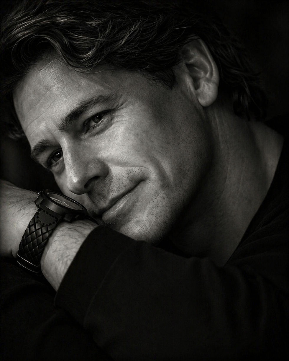 Black and white portrait of Jameson resting his head on his folded arms, gazing softly with a calm, introspective expression.