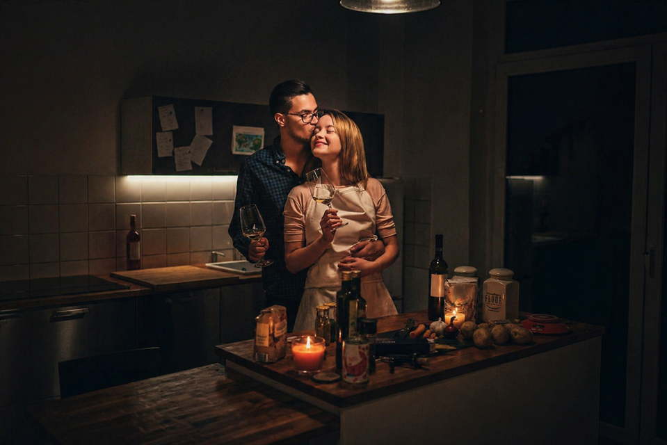 Couple sharing a quiet moment in a softly lit kitchen with candles and wine, warm intimate atmosphere at night