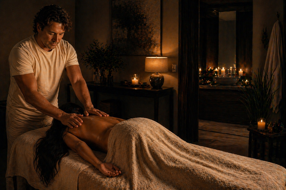 Woman resting on a massage table as a man’s hands move gently across her back in a quiet, candlelit setting