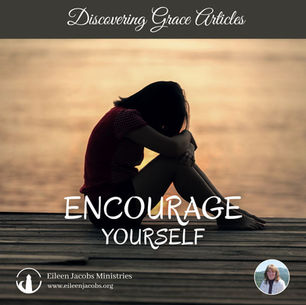 Silhouetted woman sits on a dock at sunset, looking pensive. Text: "Discovering Grace Articles. ENCOURAGE YOURSELF." Eileen Jacobs Ministries.