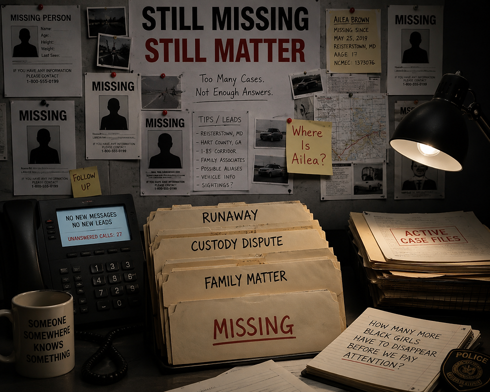 Editorial image of a dim police-style desk with missing-person flyers on the wall, case folders labeled “Runaway,” “Custody Dispute,” “Family Matter,” and “Missing,” an unanswered tip-line phone, and a note asking how many more Black girls have to disappear before attention is paid.