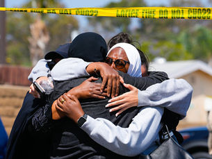 An illustrated opinion article by Ken Oswald “__yak” Vann Jr. discussing the aftermath of a May 18, 2026 mass shooting outside the Islamic Center of San Diego, where three Muslim men were killed. The article critiques Western media framing of anti-Muslim violence, arguing that white nationalist ideology, replacement theory rhetoric, and selective institutional empathy contribute to both Islamophobia and antisemitic violence. Images throughout show memorial scenes, protesters against Islamophobia and white supremacy, portraits of the victims, and community solidarity demonstrations.