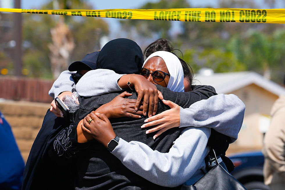 An illustrated opinion article by Ken Oswald “__yak” Vann Jr. discussing the aftermath of a May 18, 2026 mass shooting outside the Islamic Center of San Diego, where three Muslim men were killed. The article critiques Western media framing of anti-Muslim violence, arguing that white nationalist ideology, replacement theory rhetoric, and selective institutional empathy contribute to both Islamophobia and antisemitic violence. Images throughout show memorial scenes, protesters against Islamophobia and white supremacy, portraits of the victims, and community solidarity demonstrations.