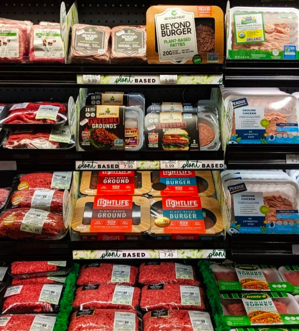 Plant-based meat products in grocery store aisle showing uncertain consumer demand for alternative foods.