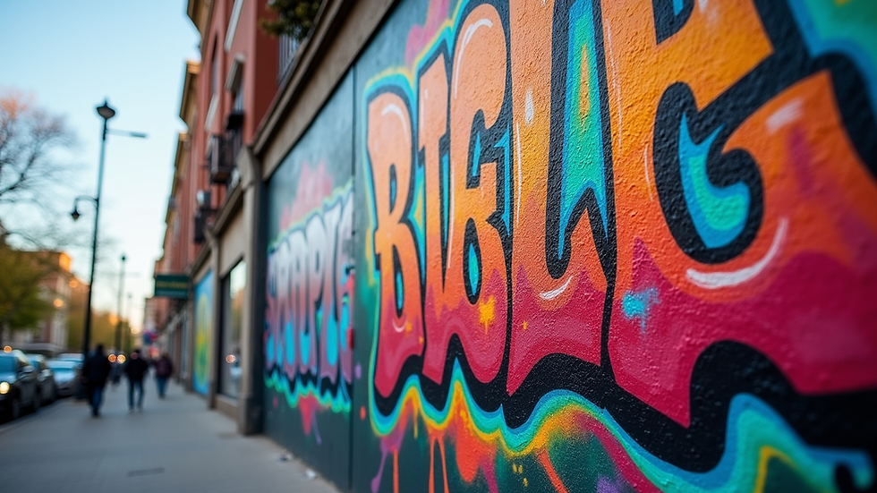 Eye-level view of a vibrant graffiti mural on an urban wall