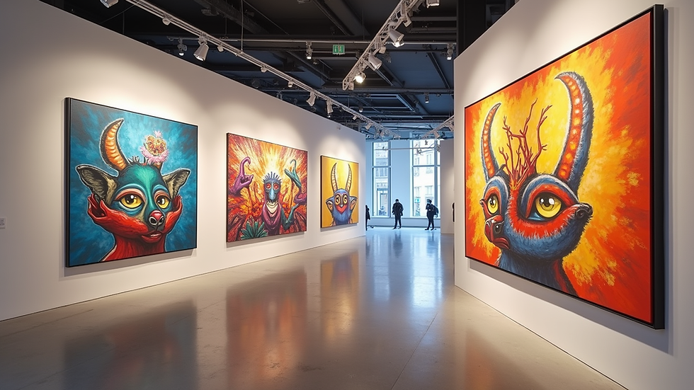 Eye-level view of a contemporary art gallery featuring vibrant hip hop inspired paintings