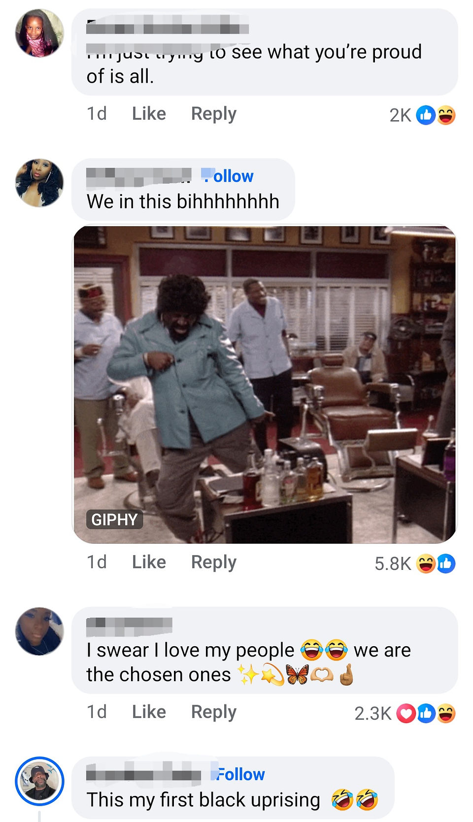 Screenshot of Facebook comments under the viral post, with users joking that Facebook brought them there, calling it “reverse colonization,” saying “This OUR GROUP,” and celebrating the takeover with laughing reactions.