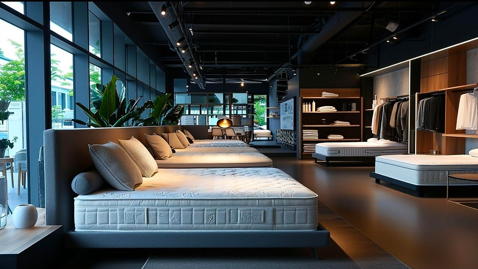 Modern mattress showroom with empty display beds illustrating declining demand for luxury comfort purchases.