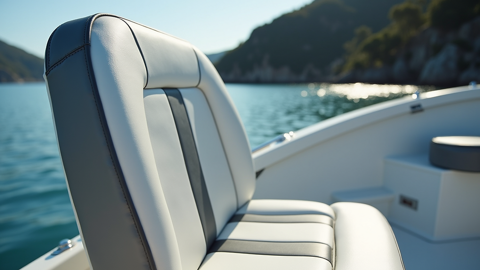 Close-up view of marine boat seat with fresh vinyl upholstery