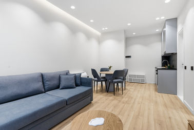 Modern living room with sofa, dining area, and kitchen