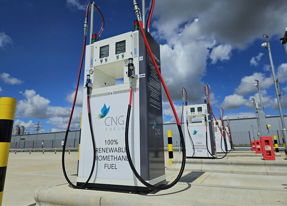 CNG fuel station with 100% renewable biomethane pumps.