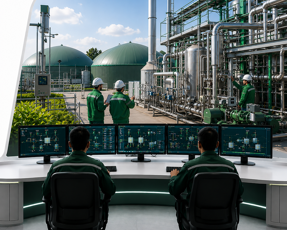 Technicians monitoring a biogas facility from a control room.