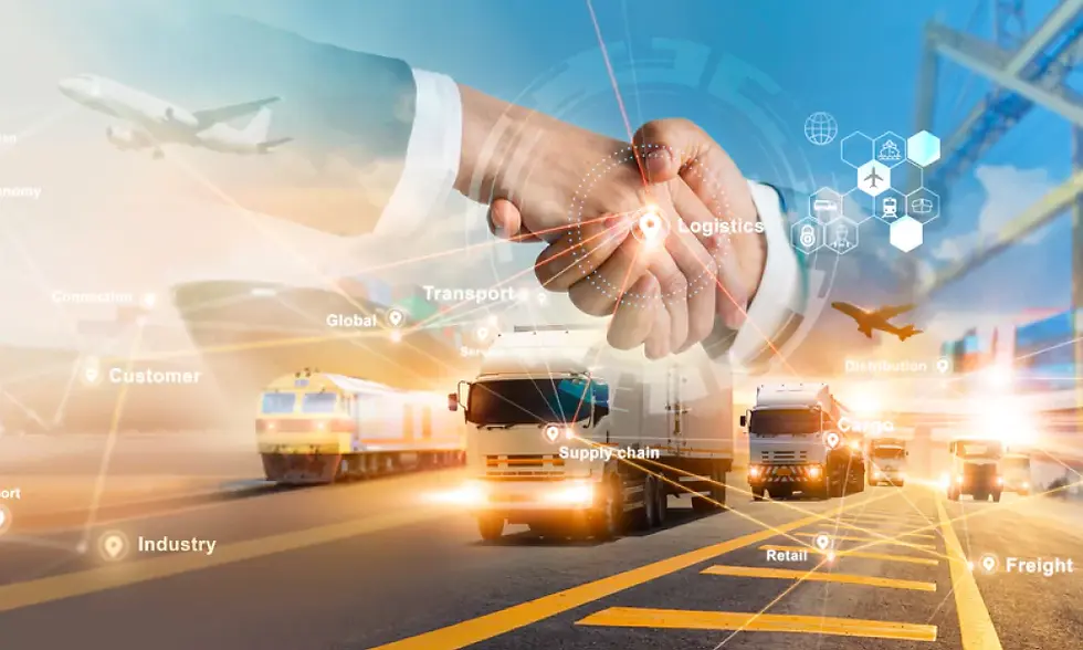 Handshake over semi-trucks and global logistics network.